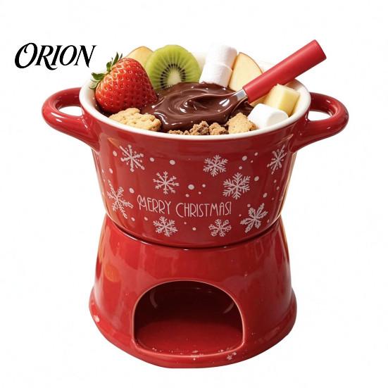 Winter Party Dessert Serving Dish Christmas Chocolate Fondue Mug with Tea Light Warmer & Forks, 155ml Ceramic Melting Gift for Lovers Pot Cheese