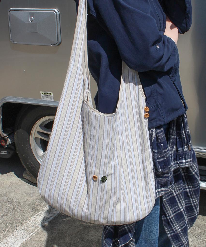 Pmco Striped Button Packable Shoulder Bag (Beige)