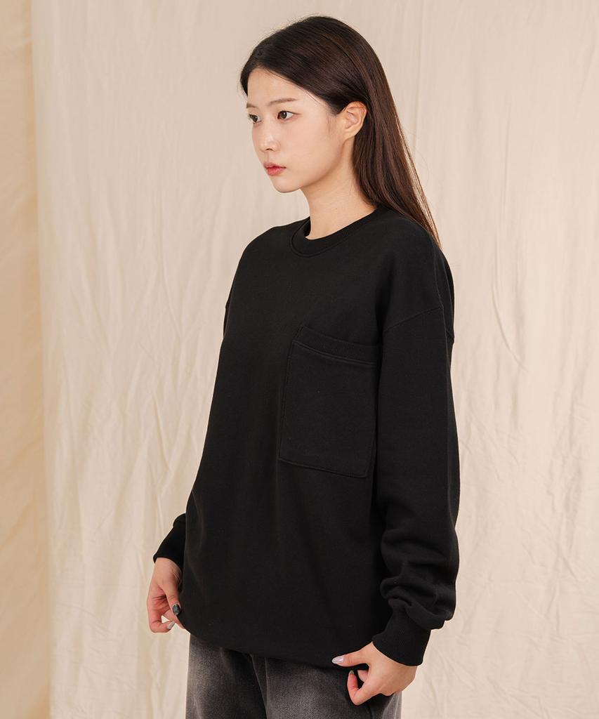 Ellamo Terry Basic Plain Pocket Oversized Sweatshirt [Black]