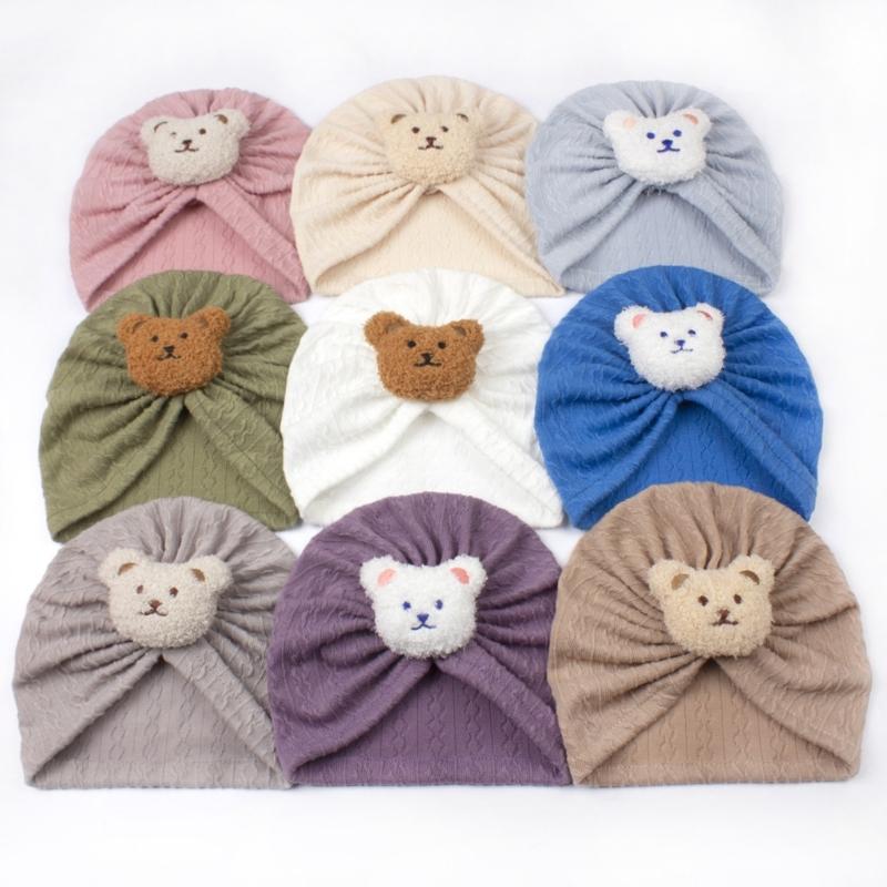 Solid Turban Hat Baby Beanies Caps Headwrap with Cute Bear Charm for 0-2 Years Baby Girls Infants Toddlers Pullover Hat