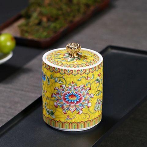 Creative Enamel Painted Flowers Ceramic Tea Jar Moisture-proof Seal Coffee Bean Candy Jar Kitchen Food Storage Container Decor