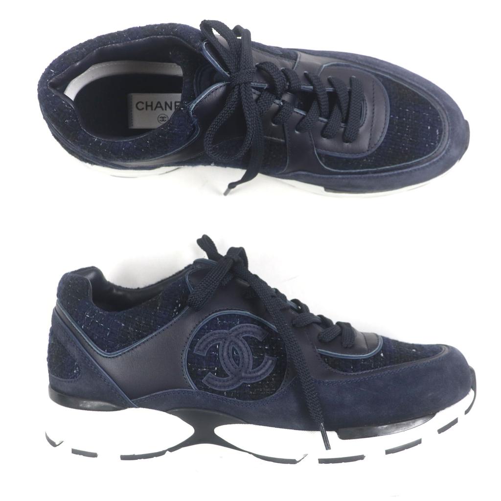 CHANEL sneakers COCO Mark Tweed Navy canvas mens 43 G39068 Used