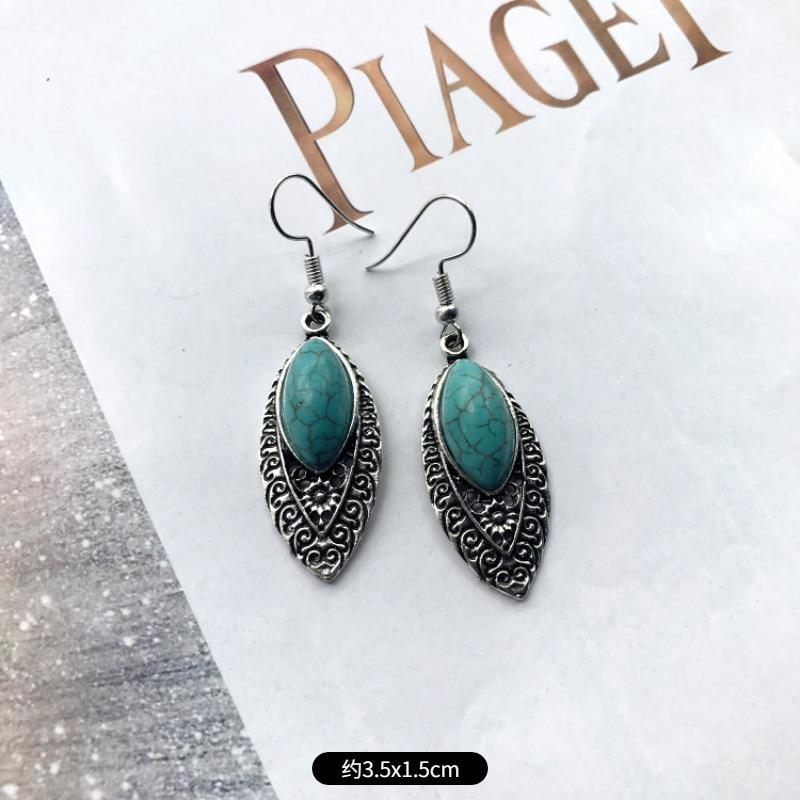 Temperament Retro Turquoise Earrings, Ancient Silver Water Drop Fringed Earrings, Women's Versatile Long Ear Jewelry
