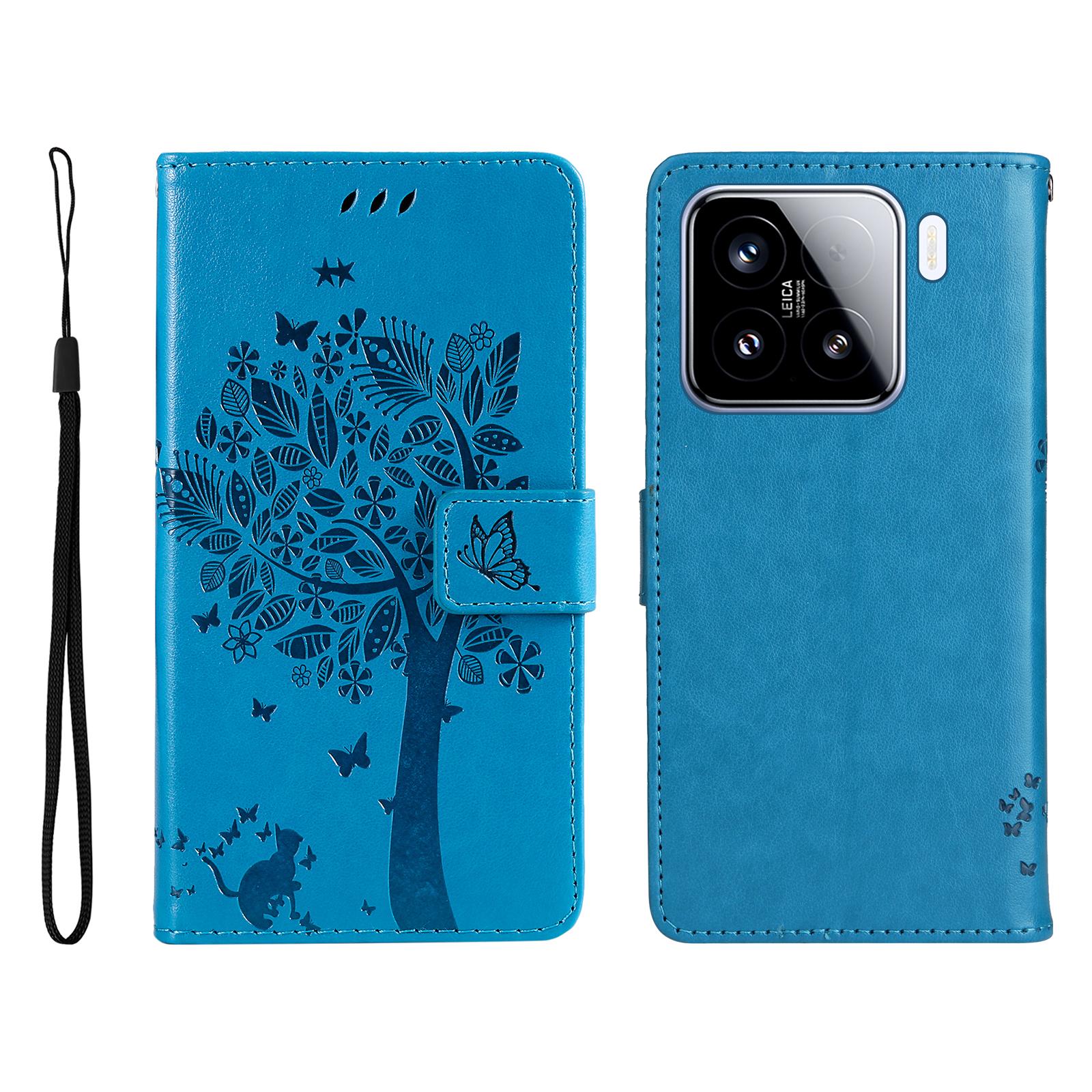 

For Xiaomi 15 Phone Case with Stand Cat Tree Pattern Leather Wallet Mobile Cover Blue