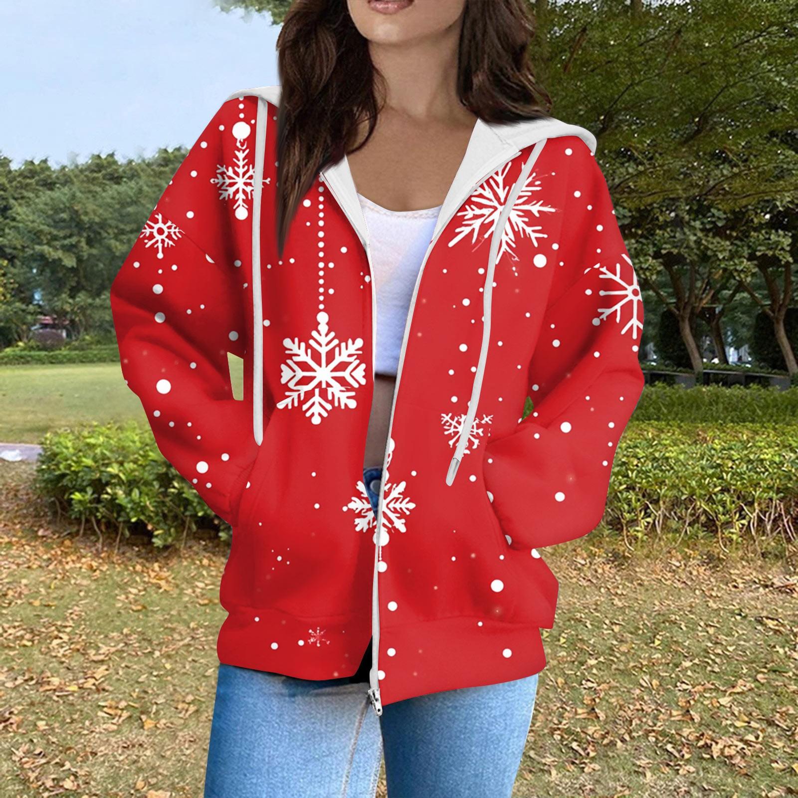 

Женская модная повседневная толстовка с рождественским принтом и длинными рукавами, карманная куртка, пальто с капюшоном на молнии M красный