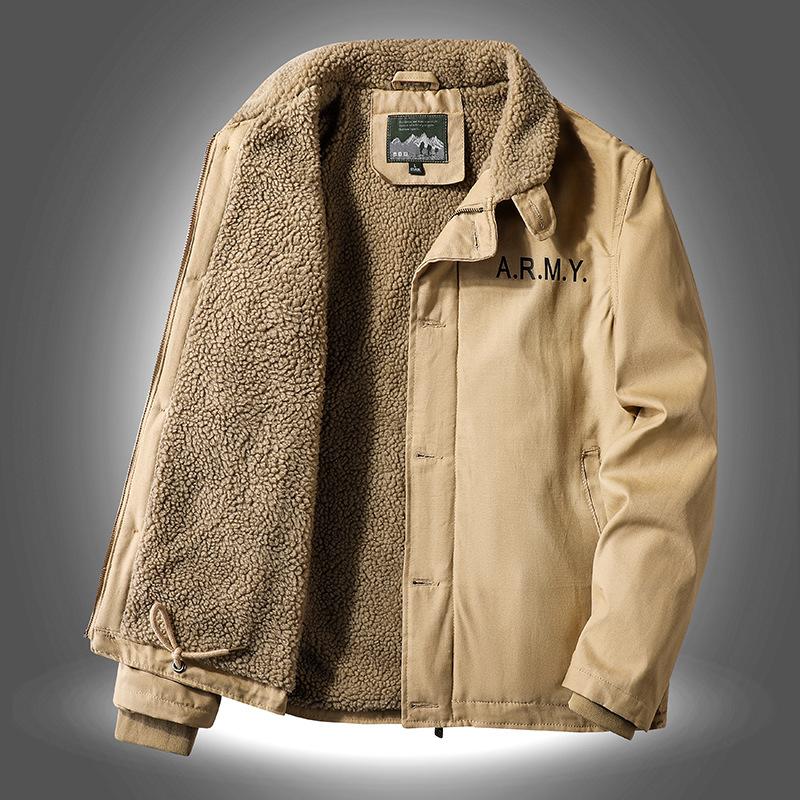 Winter Casual Men's Velvet Thickened Lapel Military Uniform Middle-aged Cotton-padded Coat Loose Lamb Wool Cotton Coat