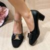 Fashion Coarse Heel Shoes Spring New Round Head Suede Splicing Metal Buckle Set Foot Anti-slip Wear-resistant High Heels