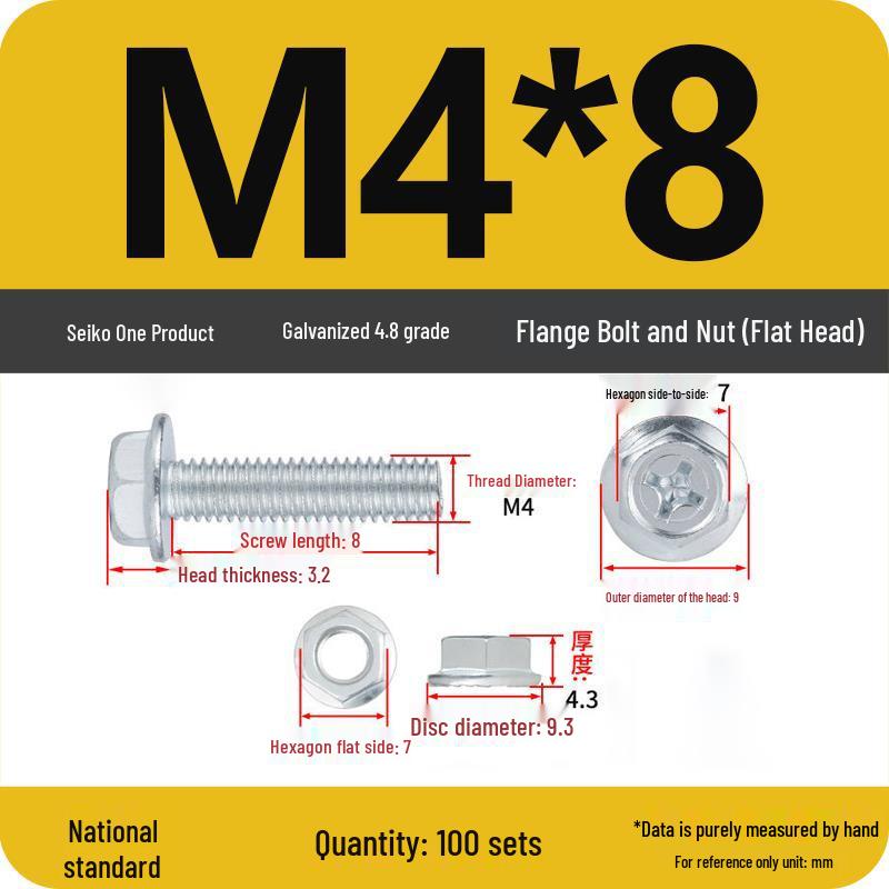 4.8 Grade Galvanized Hex Bolt Set with Anti-slip Washer & Nut, Cross Flange Head, M4/M5/M6/M8mm