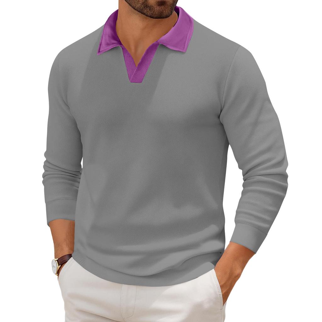 Men's Casual Color-Block Collared Long-Sleeve Knit Base Layer Top