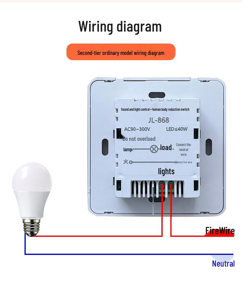 Type 86 Infrared Sound & Light Control with Human Body Sensor 220V Corridor Delay Switch