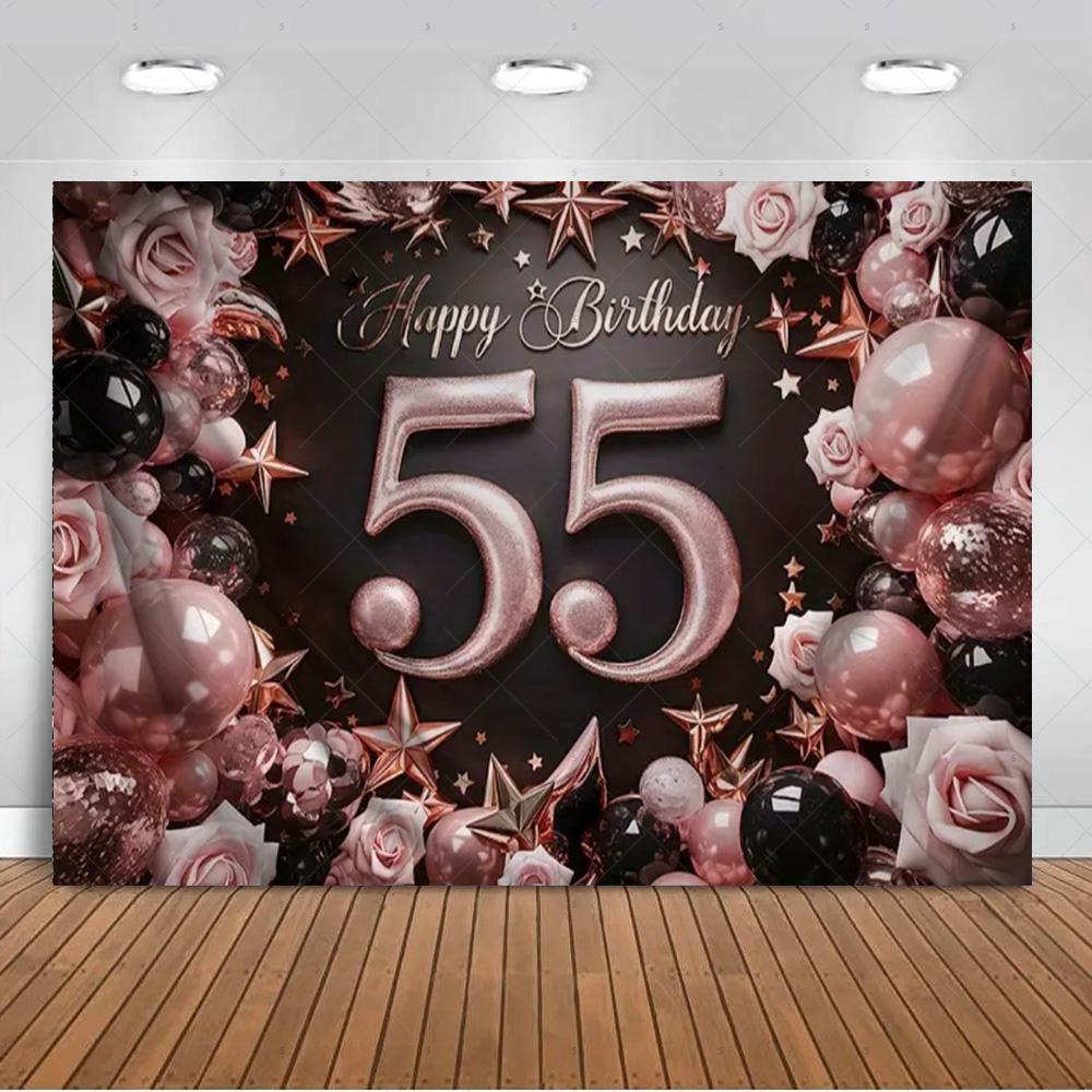 Sfondo per 55° Compleanno Forniture Palloncini Nero Oro 55 Anni Sfondo Decorazione Festa Scintillante Oggetti di Scena per Servizio Fotografico