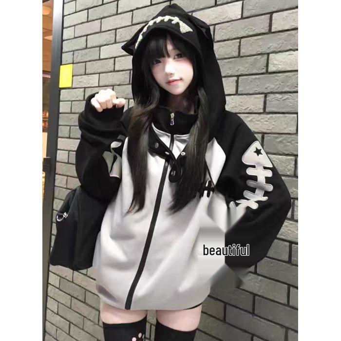 

Женская куртка в елочку с вышивкой в стиле отаку - Черно-серая, Осенне-зимняя коллекция M