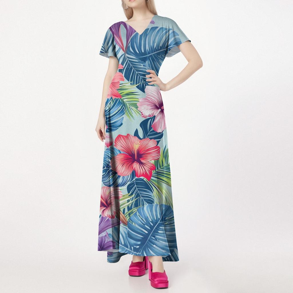 Lässiges Damenkleid mit V-Ausschnitt, kurzen Ärmeln und hoher Taille, Retro-Blumenblatt-Print