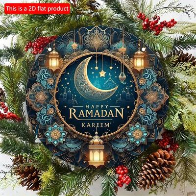 2D Flat 20*20cm 1pc Happy Mubarak Kareem Golden Moon&Shining Stars Design Round Wooden Door Hanging Sign, High Quality Blue Style Muslim Window Decora