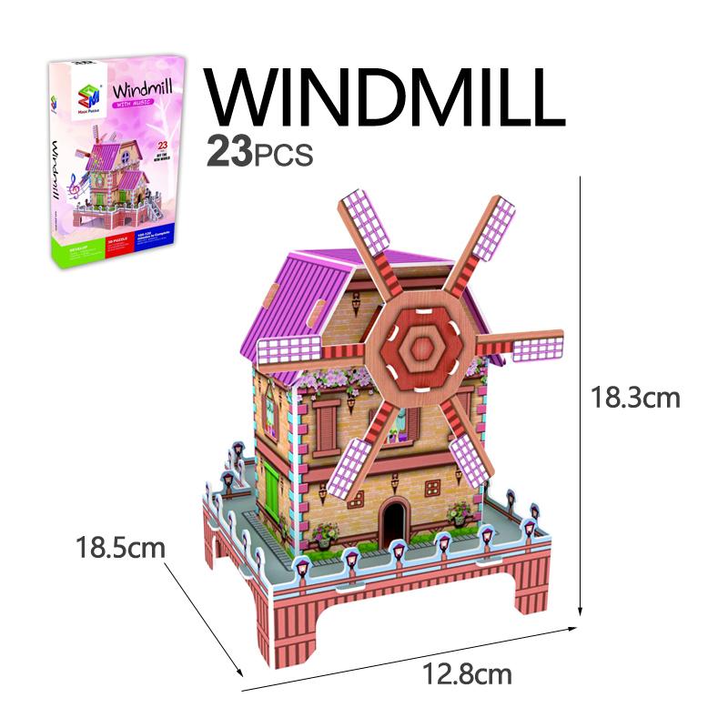 3D Dreidimensionales Papierpuzzle Windmühle Spieluhr Wasserrad Spieluhr Pädagogisches Kreatives DIY Zusammengebautes Spielzeug