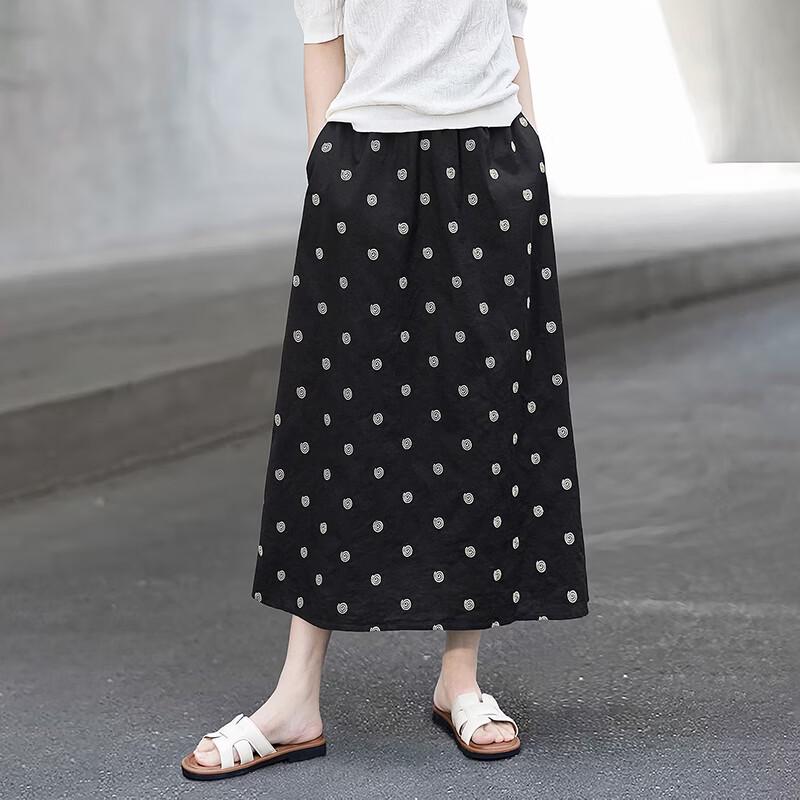 Women's Elegant Linen Polka Dot A-line Midi Skirt