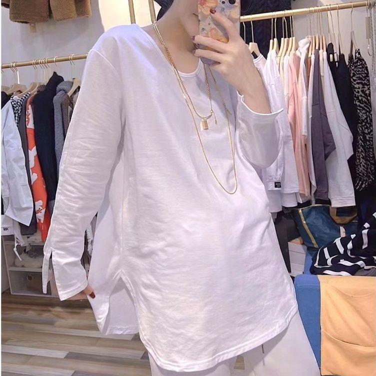 Plus Size Fall Cuffs Slit Bottoming Shirt Women Loose Round Neck Long Sleeve Pullover