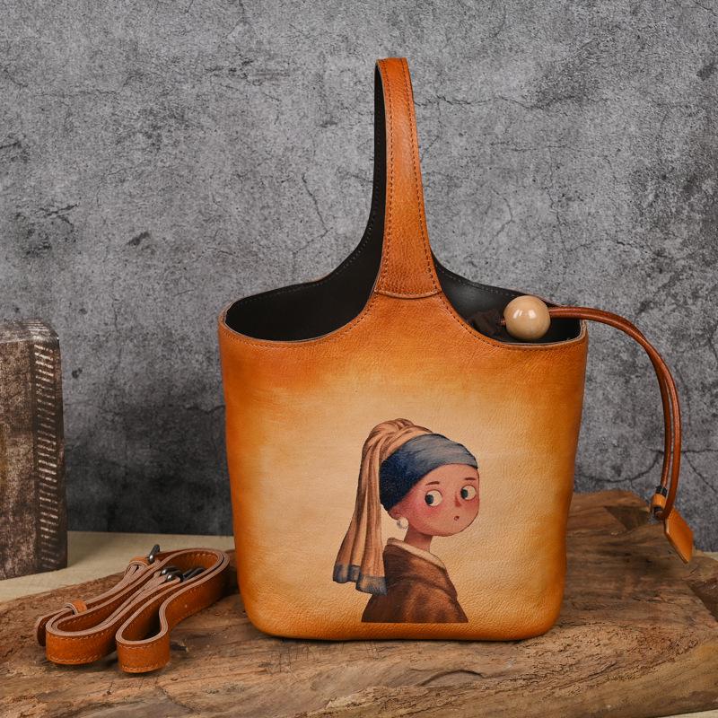 Vintage Floral Print Handmade Cowhide Leather Bucket Bag