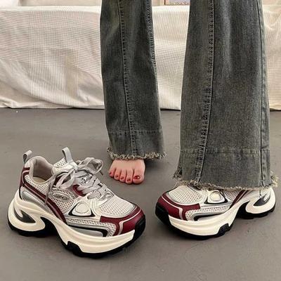 Baskets à plateforme épaisse pour femmes Printemps Loisirs Confort Semelle épaisse Chaussures en maille respirante Femme Lacets Chaussures de sport décontractées