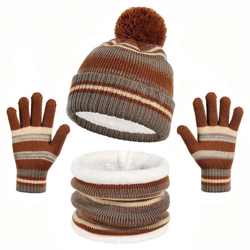 Children's Hat, Scarf, Gloves, Three Piece Set, Striped Autumn and Winter Knitted Fleece Kindergarten Warm Suit