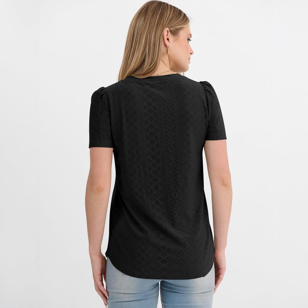 Women's Jacquarded V-neck Top T-shirt Short Sleeve Versatile Hollow Top