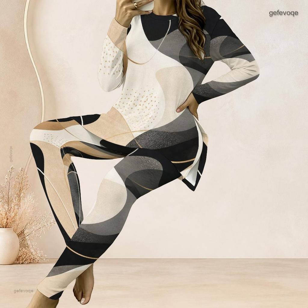Women Plus Size Printed Two Piece Set Round Neck Long Sleeve Longline Top And Fitted Pants