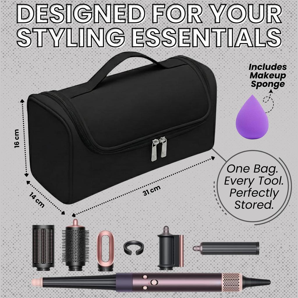 OCEANEVO Travel Pouch for Airwrap Styler WITH Makeup Sponge, Storage Organiser Bag for Airwrap Attachments with Hanging Hook (Bag Only) - 31 x 14 x
