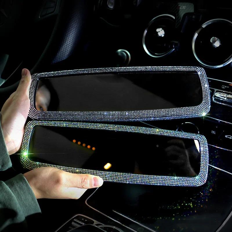 Car Interior Rearview Mirror Decor Rhinestone Crystal Diamond Ornament Rear View Mirror Cover Bling Car Accessories for Women