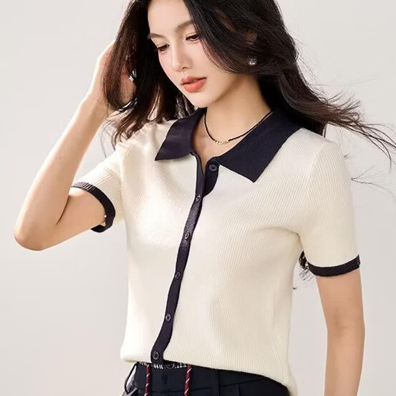 Women s Contrast Stripe Polo Collar Shirt S