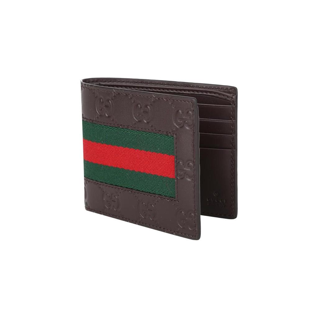 Gucci Signature Striped Web Short Fold Leather Wallet Men Wallets Dark-Brown 408827-CWCLN-2065
