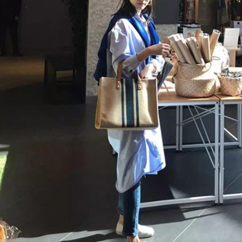 Women's Handbag Professional Commuter Stripe Simple Shoulder Large Bag Large Capacity Canvas Tote Bag