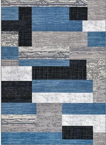 

Modern Geometric Area Rug Blue Black Grey White Design Carpet Washable Stain Resistant Floor Mat for Living Room Yoga Minimalist 40x60CM