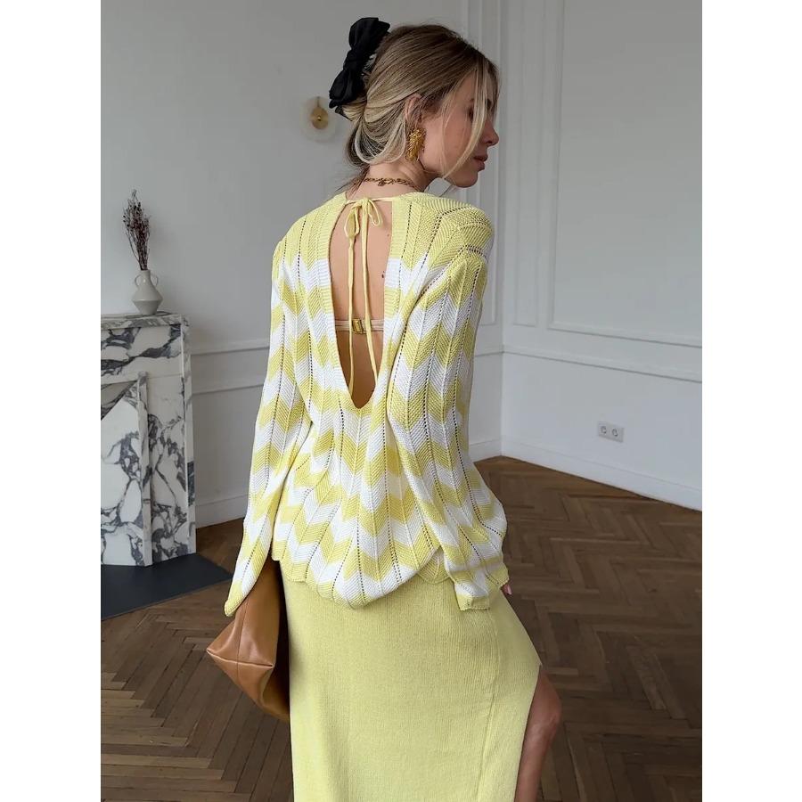 Back Hollow Women's Crew Neck Long Sleeve Knitted Sweater Autumn and Winter