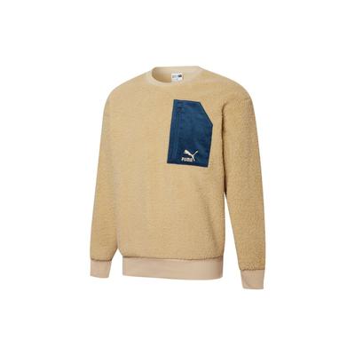 Retro Crewneck Sweatshirt With Contrast Pocket And Faux Shearling Men Tops Khaki 534814-12