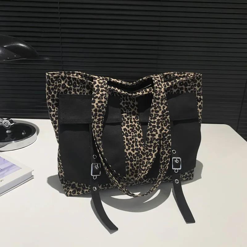 Leopard Print Canvas Zipper Casual Versatile Youth Shoulder Bags Hot Sale Large Capacity Sewing Line Bags for Women