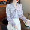 Fashion New 2024 Autumn Casual Long Sleeve Bow Collar Ruffles Print Chiffon Blouse Shirt Women Tops Blouses Shirts J510
