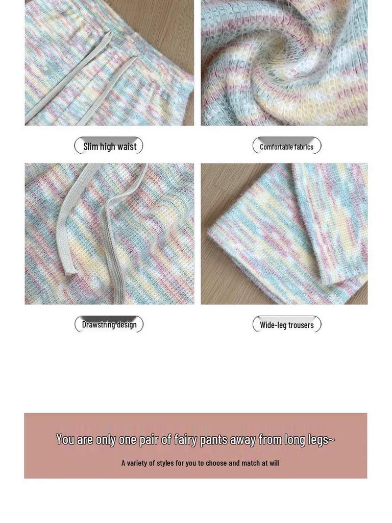 Rainbow High-Waisted Knitted Wide-Leg Pants - Women's Korean Style, Small Size, Autumn/Winter 2025 Collection