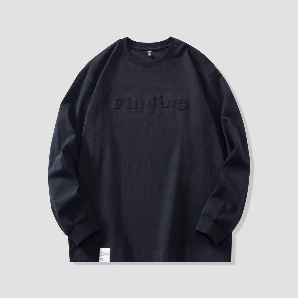 Męski T-shirt z długim rękawem z grubej bawełny - Biały z okrągłym dekoltem, nadruk stalowy, luźny krój, kolekcja jesienna