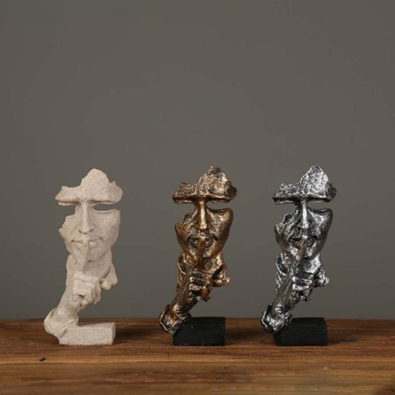 17cm Home Decor Abstract Silence Is Gold Figurine Resin Hand Face Silent Men Statue Sculpture Home Office Living Room Decoration