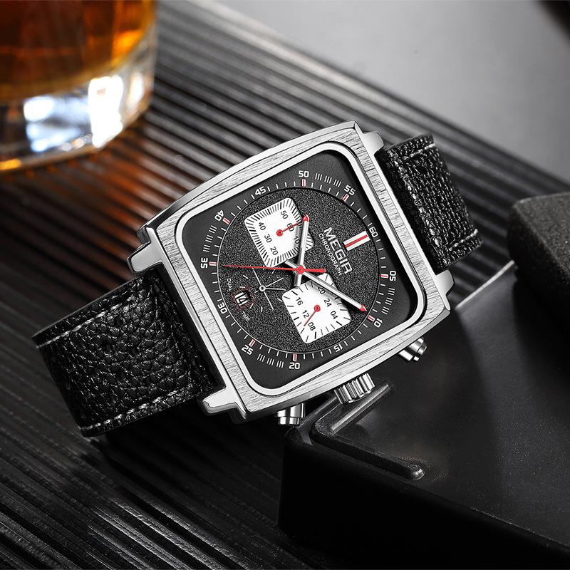 MEGIR Men's Leather Square Chronograph Quartz Watch