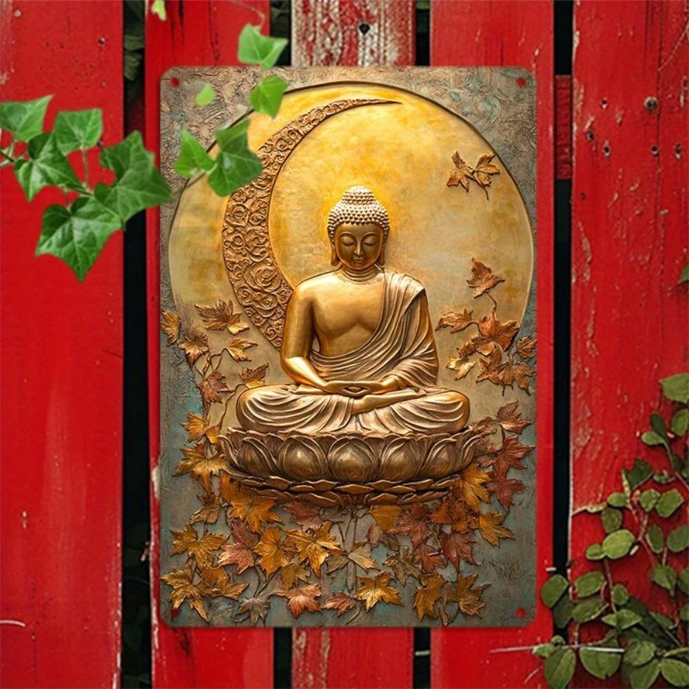 Aluminum Metal Wall Art Golden Buddha Tin Sign for Bedroom Living Room Decor