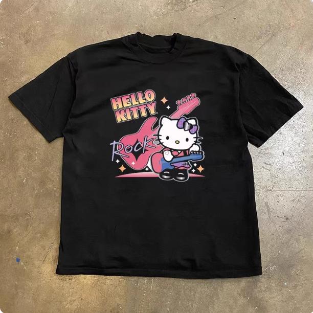 

2026 New Hello Kitty Guitar Rock Harajuku WomenY2k Short Sleeve Streetwear Casual High Quality Female Male Tee S