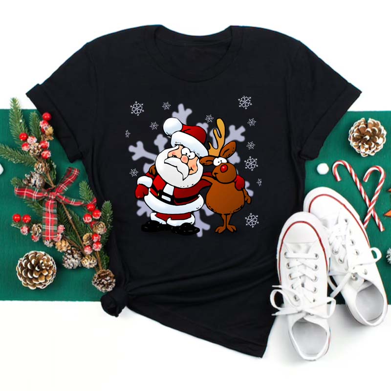 Merry Christmas Women's Fashion Top Kawaii Santa Claus Deer Women's Round Neck Top T-shirt Fashion T-shirt Women's Y2K Clothing