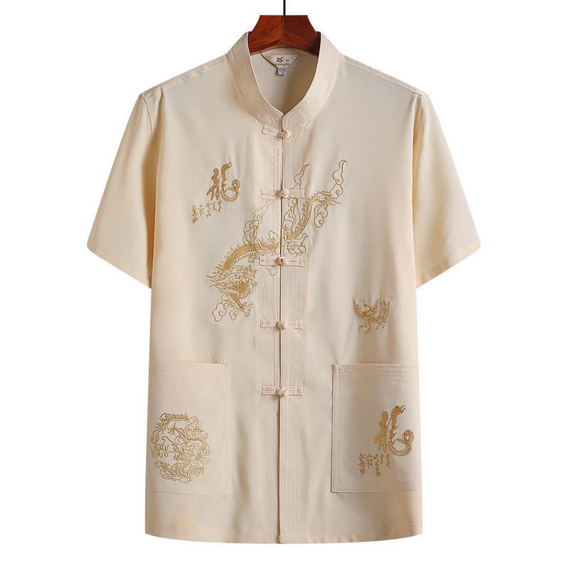 Middle-aged and Elderly Chinese Style Tang Suit Dad Summer Short-sleeved Suit Grandpa Summer Chinese Button-down Shirt and Pants Two-piece Set