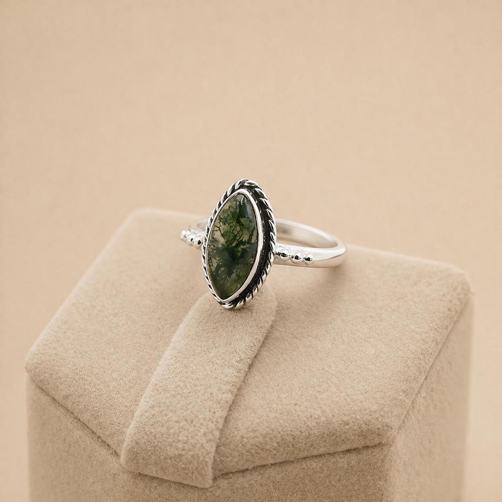 Green Moss Agate Marquise Ring 6x12mm, 925 Sterling Silver Statement Ring, Natural Boho Gemstone Jewelry