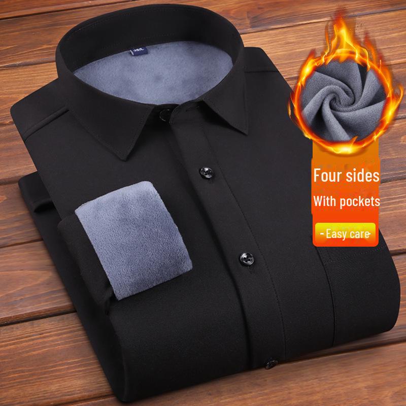 Winter Men's Plus Velvet Warm Stretch Business Casual Shirt - White