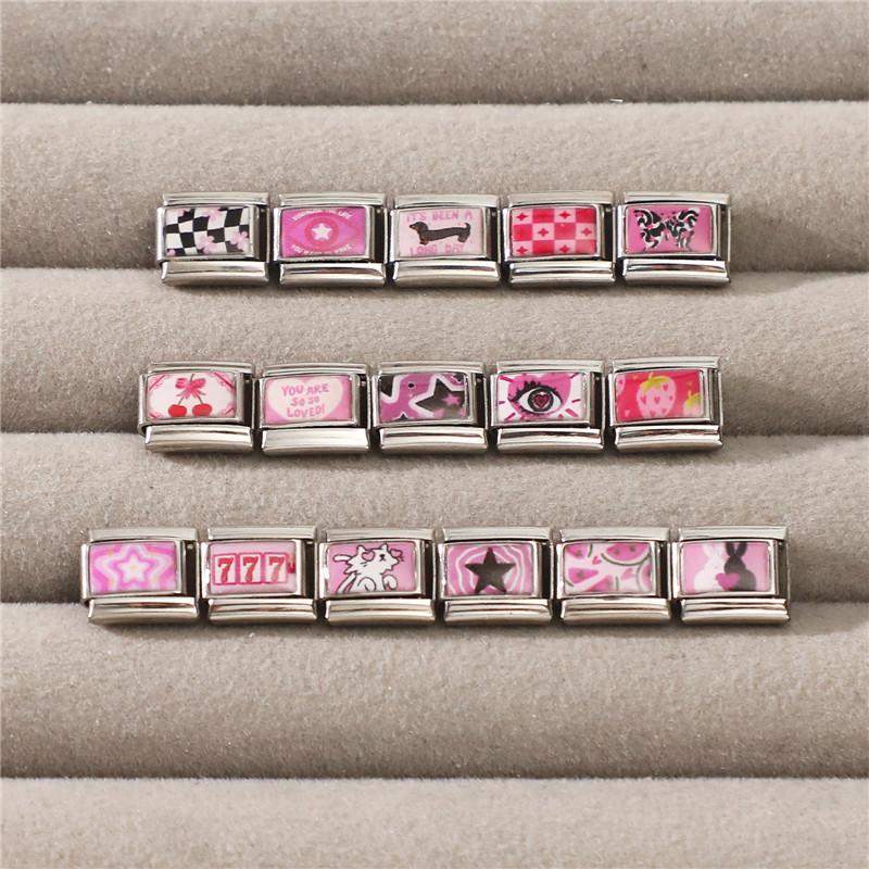 Y2K Pink Series Girls' Eye Rabbit Star Butterfly Cherry Italian Charm Links Fit 9MM Stainless Steel Bracelet DIY Making Jewelry