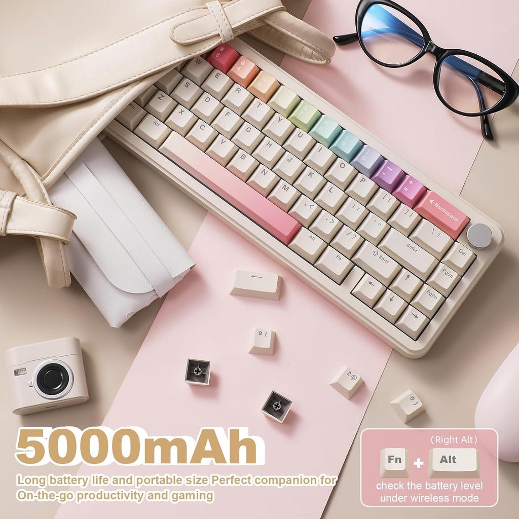YUNZII B68 Wireless Mechanical Keyboard,Tri-Mode BT5.0/2.4GHz/USB-C,Cute PBT Keycaps,Hot Swappable Creamy Typing Gasket Mounted,RGB Backlit NKRO for