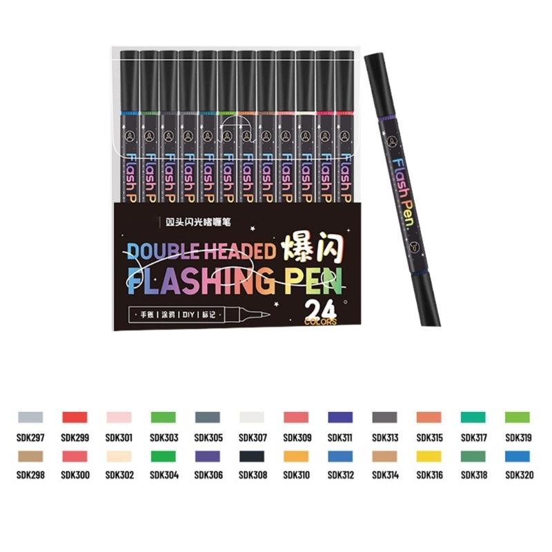 Double Ended Flash Marker Set with Night Glow Feature Acrylic Marker Pen Set for School Office Use