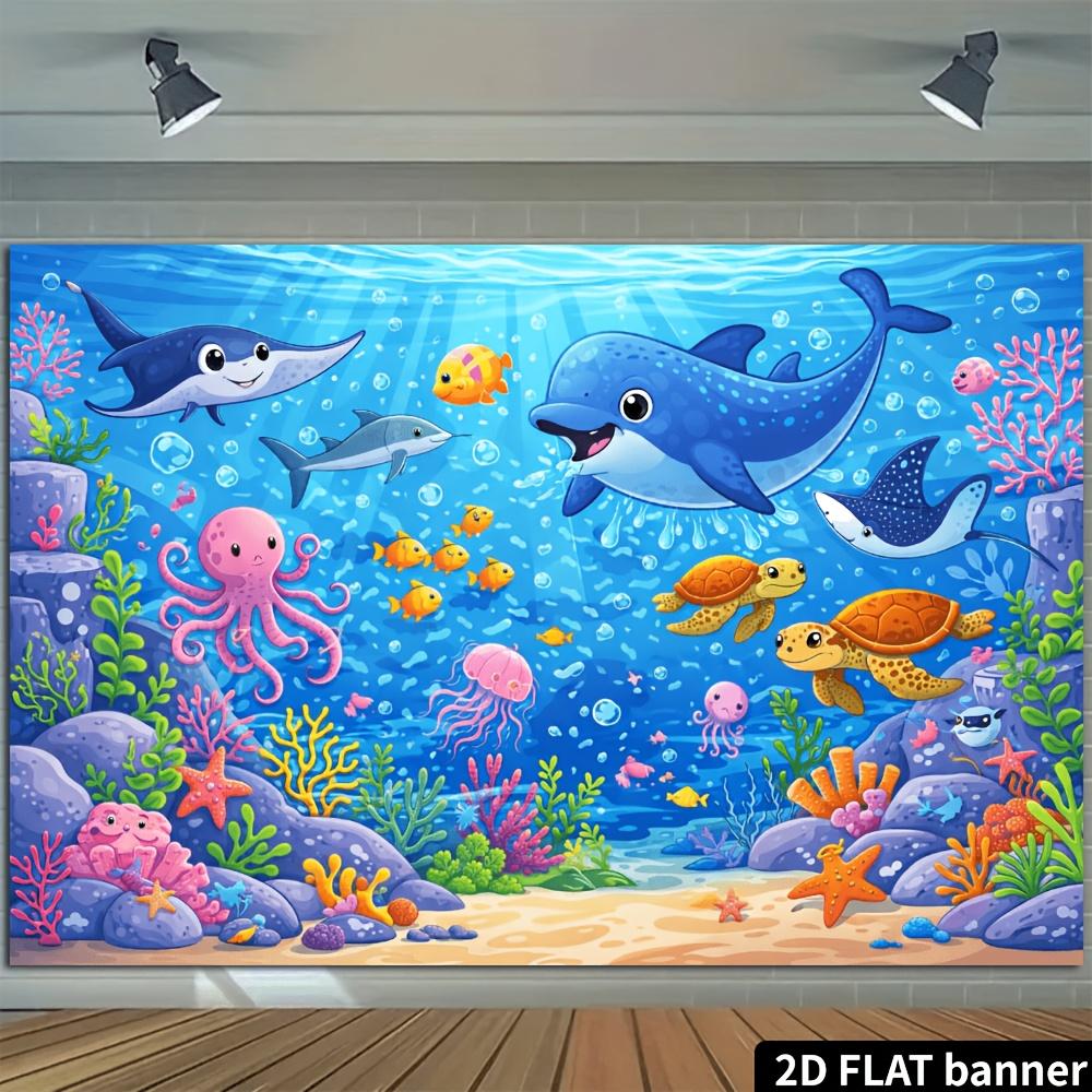 2D planar cartoon underwater world banner full of fun marine theme suitable for indoor/outdoor activities and wall decoration